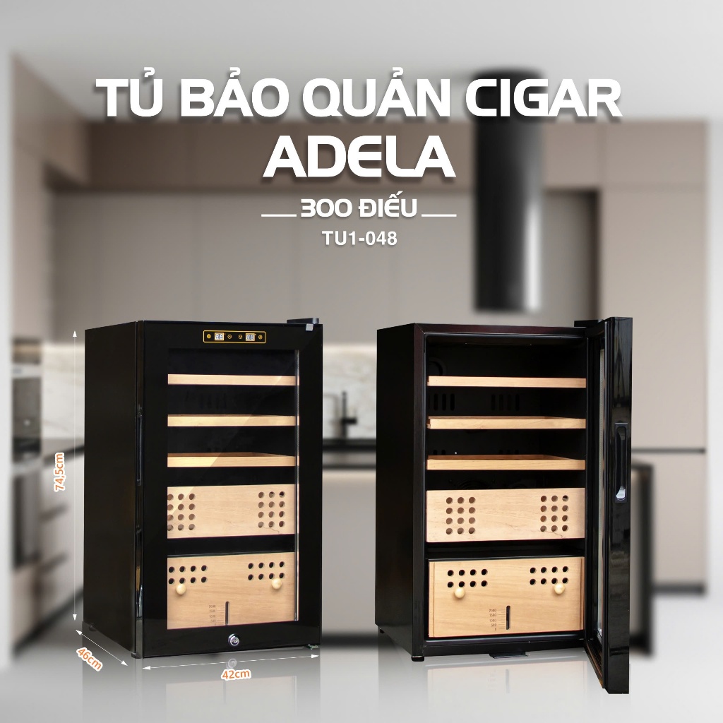 Tủ Bảo Quản Cigar Thông Minh Adela 300, Tủ Cigar Màn Hình Cảm Ứng Điều Chỉnh Nhiệt Độ Và Độ Ẩm