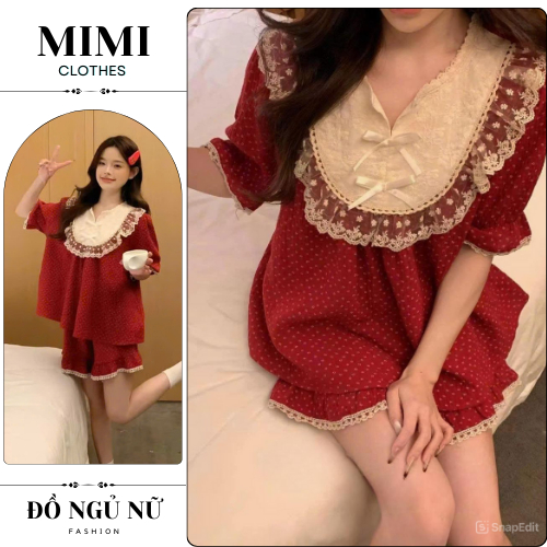 Đồ ngủ nữ, bộ pijama nữ mặc nhà tông màu đỏ phối ren bánh bèo siêu xinh MIMI CLOTHES HCOM25098