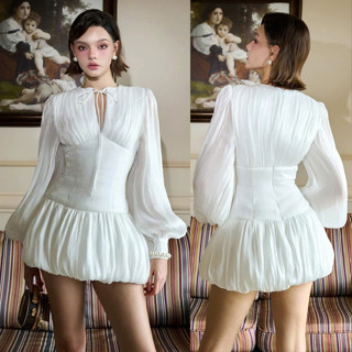 Váy Body Dài Tay Dáng Bí Bánh Bèo Màu Trắng MELLYSTORE Đầm Bánh Bèo Cao Cấp Đẹp Quyến Rũ ,Sang Trọng - Đầm Thiết Kế