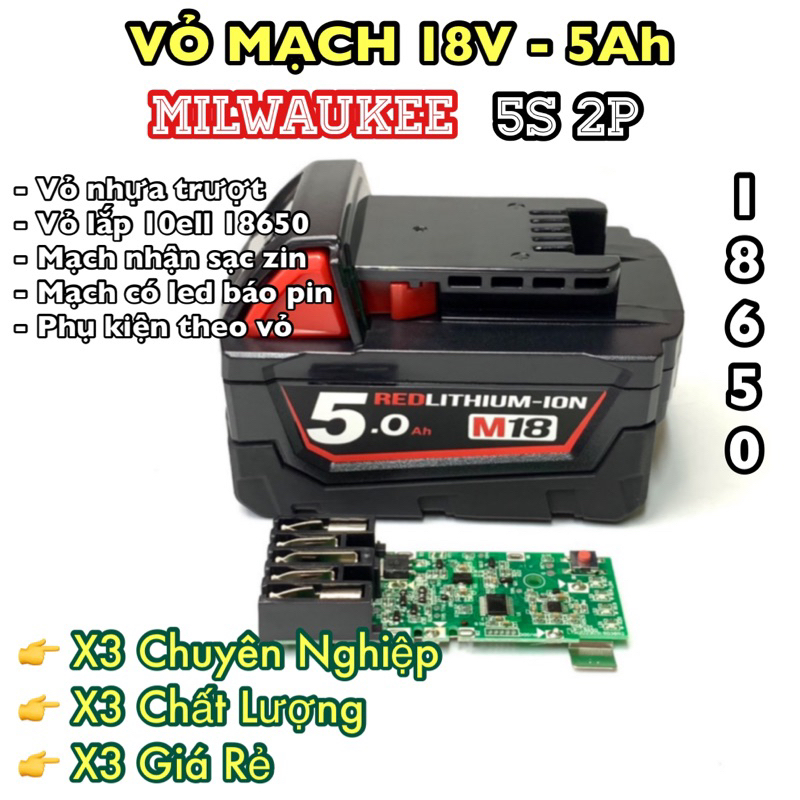 [MIL - 5Ah] Vỏ, mạch MIL 18V - 5Ah 10 cell 18650, mạch nhận sạc zin (ToolVN)