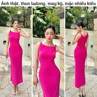  Đầm ôm body nữ trễ vai thun ladong 2 lớp xẻ đùi màu xanh hồng mặc đi tiệc đi biển đi chơi Noel Tết 