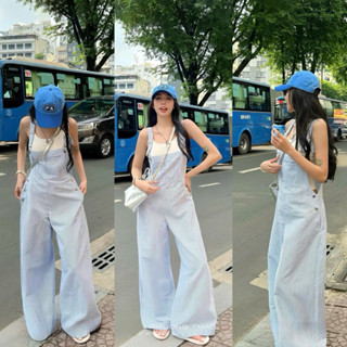   S2.3002  Set Yếm Quần Kaki Thô Kẻ Ống Rộng Kèm Áo 2 Dây Bozip Cá Tính   yếm dài 135cm   