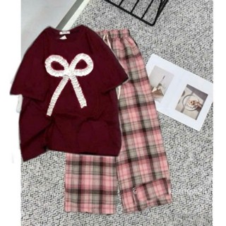 Sét bộ đồ quần ống rộng kẻ họa tiết CARO hồng + kèm áo phông phom rộng tay lỡ chất cotton hình nơ rúm ĐỎ