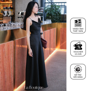 Đầm lụa hai dây kín lưng La Boutique cổ đổ 1 lớp dày dặn vải lụa nhung xược cao cấp-D002