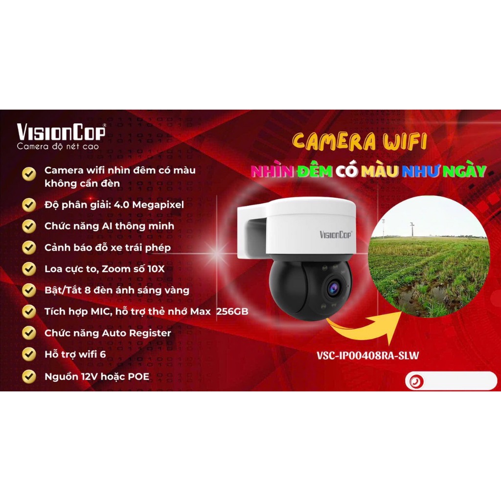 Camera wifi Visioncop 408RA-SLW Chính hãng có VAT nhìn đêm như ngày lắp đường phố, ao, hồ, sân vườn