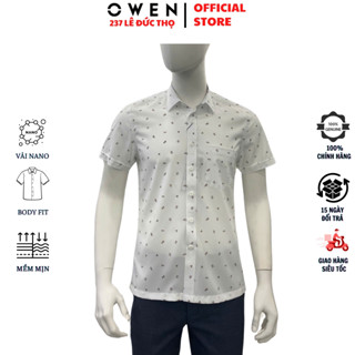  Áo sơ mi nam ngắn tay OWEN AB250120NT somi công sở màu be in họa tiết dáng body fit tà bằng có túi chất nano chống nhăn 