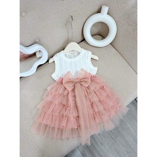 [Poba.128] set váy ren xinh cho bé. Áo len lưới mix chân váy ren tầng, có đính nơ