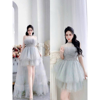 đầm cúp xòe công chúa tần phối đuôi tần đính hạt dự tiệc