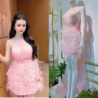 đầm yếm đính lông kết hạt phối nơ dự tiệc lông nhiều như hình