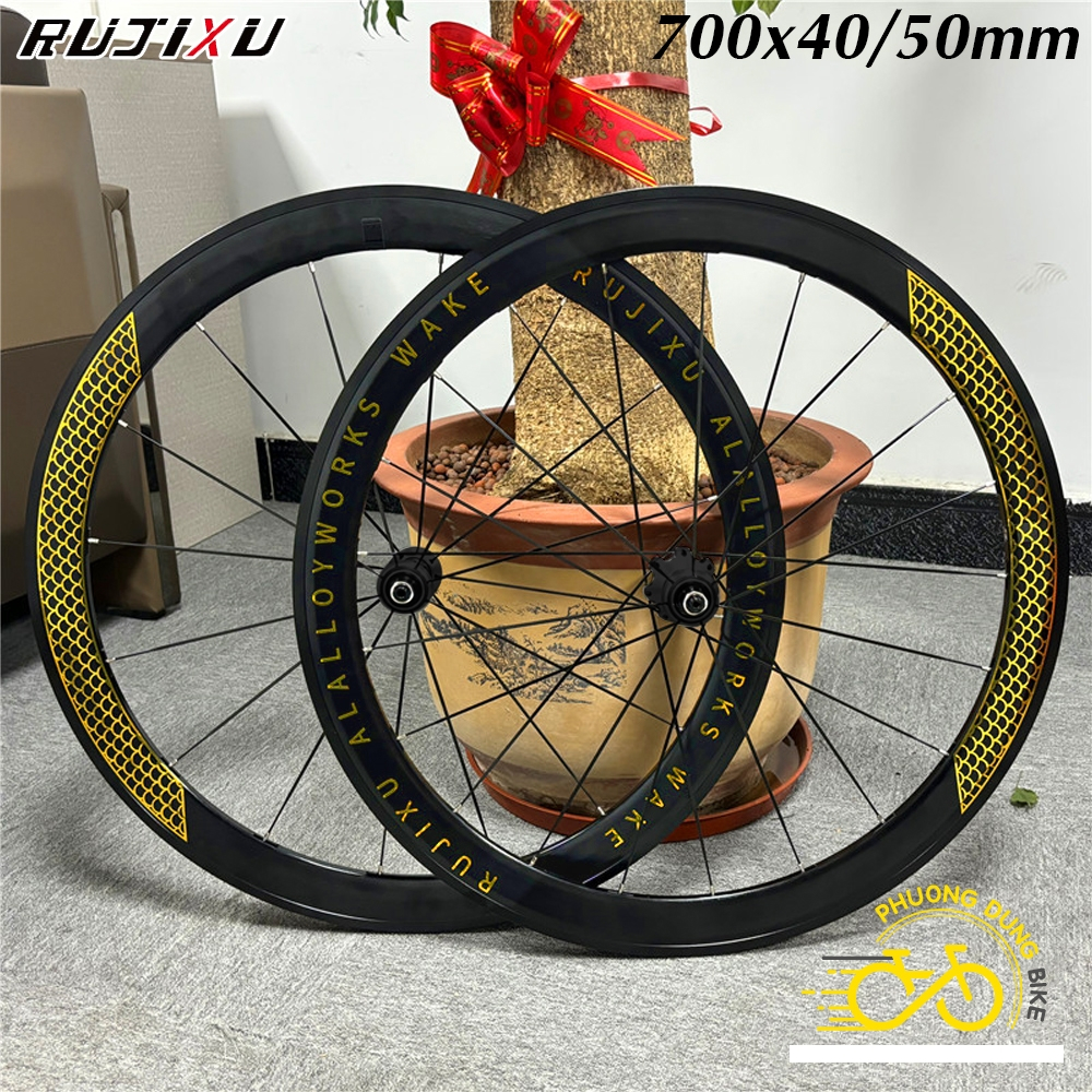 Bộ vành nhôm xe đạp road RUJIXU 700Cx40/50mm (Hub Carbon) - CỐI NỔ TO (Tem Chữ Vàng)