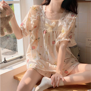 Bộ pijama bộ ngủ nữ tiểu thư chất đũi xốp chống nhăn cổ vuông tay ngắn ren babydoll dễ thương đính nơ 020