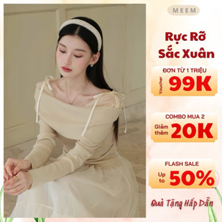  Áo trễ vai phối nơ áo hở vai chất tăm nhung phối lưới phong cách tiểu thư thanh lịch Meem_M335 