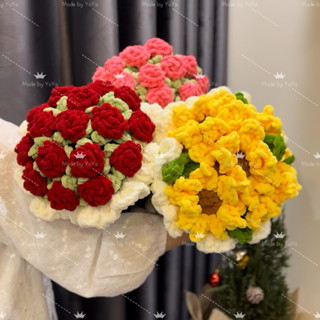 Bó hoa len nhung đũa khổng lồ, hoa hồng đỏ, hoa hồng, hoa hướng dương dễ thương - Made by YaYa