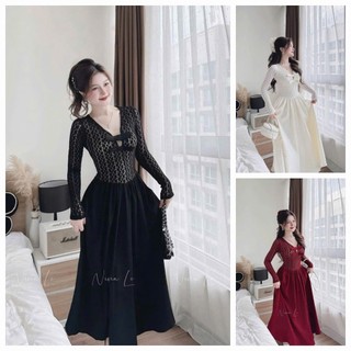  Đầm thiết kế 3 tone màu thanh lịch đơn giản nhẹ nhàng cho nàng đầm ren cổ v tay dài đính nơ phối cotton lạnh dáng dài 