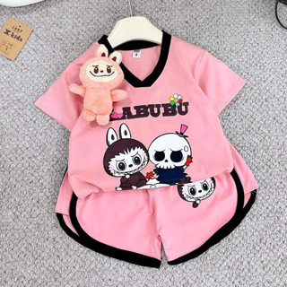 Sét bộ cộc tay cho bé gái in hình labubu vải cotton (không kèm gấu) 2-14 tuổi.Ms14