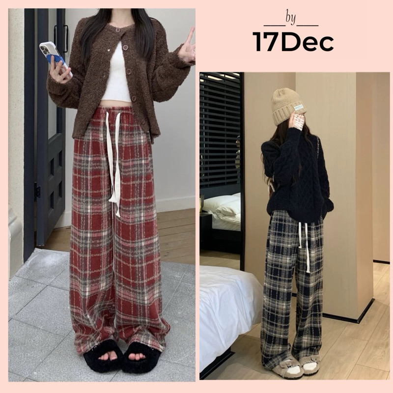 Quần Dạ Nữ Ống Rộng Kẻ Caro Phong Cách Hàn DEC55 | Quần Suông Dây Rút Thời Trang