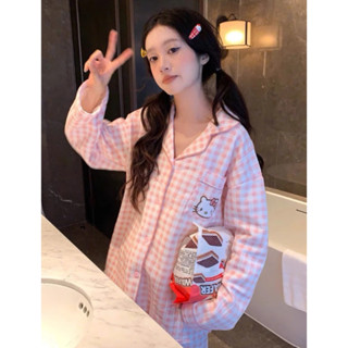 Bộ đồ ngủ nữ nhí nhảnh quần dài tay dáng rộng cotton homewear hồng kitty Fashion classic đáng yêu cute điều hòa 022