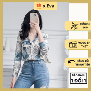 Áo Sơ Mi Lụa Nữ Hoạ Tiết Tờ Báo Xanh Vàng, Sơ Mi Dài Tay Lụa Nữ