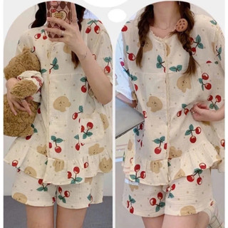 Bộ ngủ cộc đồ ngủ nữ bộ bầu set ngủ cộc đũi xốp pijama họa tiết cherry dễ thương cute mềm mại bigsize hè thu 028