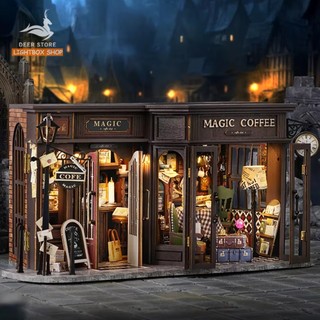  NEW. Nhà búp bê tự làm bằng gỗ Magic Coffee Shop. Tặng dụng cụ và 2 bình keo Mô hình nhà 3d F041 có đèn led. 
