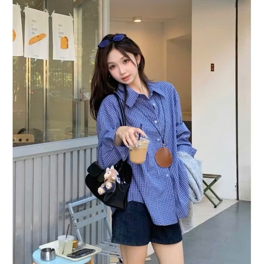 Áo sơ mi nữ FORM TO CHẤT KATE THÔ kẻ caro xanh đậm nhỏ | BigBuy360 - bigbuy360.vn