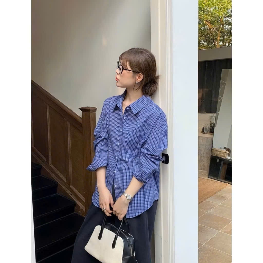 Áo sơ mi nữ FORM TO CHẤT KATE THÔ kẻ caro xanh đậm nhỏ | BigBuy360 - bigbuy360.vn