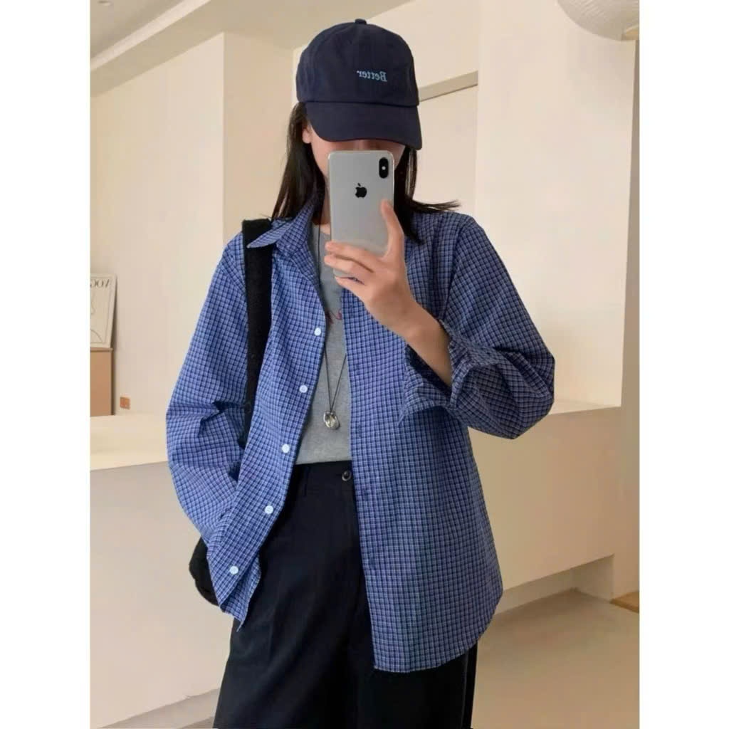 Áo sơ mi nữ FORM TO CHẤT KATE THÔ kẻ caro xanh đậm nhỏ | BigBuy360 - bigbuy360.vn