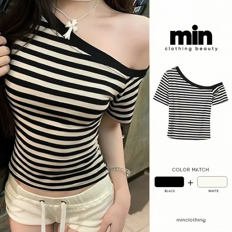 |MIN CLOTHING| (ĐỌC KĨ MÔ TẢ) - Áo thun tay ngắn lệch vai hoạ tiết kẻ sọc basic A153