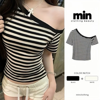|MIN CLOTHING| (ĐỌC KĨ MÔ TẢ) - Áo thun tay ngắn lệch vai hoạ tiết kẻ sọc basic A153