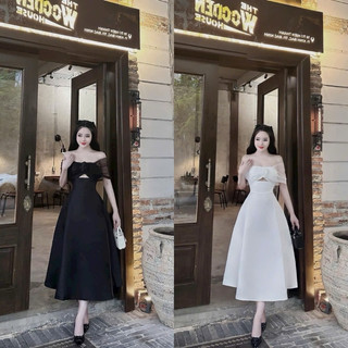 Đầm nữ thời trang mặc đi tiệc chất Tapta trễ vai tay choàng lưới đính hoa ngực có mút váy maxi dáng xoè sang chảnh