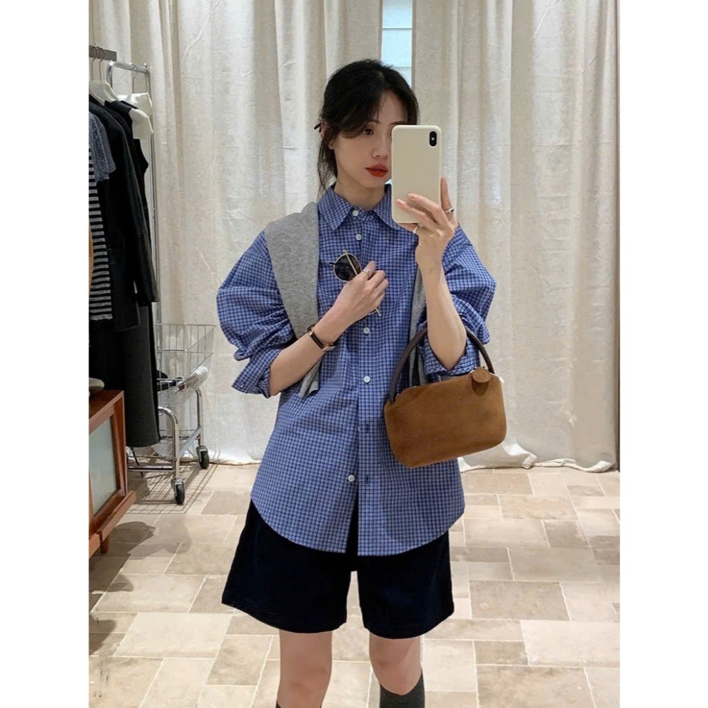 Áo sơ mi nữ FORM TO CHẤT KATE THÔ kẻ caro xanh đậm nhỏ | BigBuy360 - bigbuy360.vn
