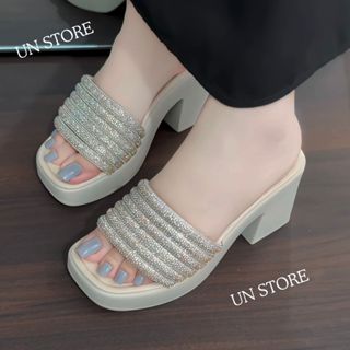 Dép đế xuồng nữ cao 7 phân nhiều dây quai ngang đính đá lấp lánh USD056 Un Store - Chân to tăng 1 sz