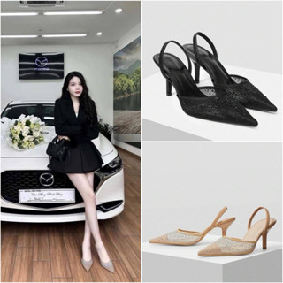  Giày cao gót nữ slingback mũi nhọn đính đá bling MOTF 