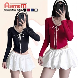 Áo Croptop Nữ Tay Dài Phối Nút Cài AsimeM, Áo Thun Nữ Dài Tay Phối Ren Viền Cổ Thắt Nơ Phong Cách Tiểu Thư - A150