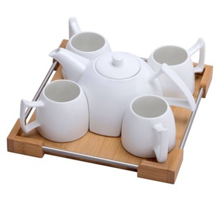 Bộ Ấm Trà Sứ Trắng Cao Cấp Kiểu Dáng Độc Lạ Gồm 1 Bình 4 Chén Kèm Khay Gỗ Tre