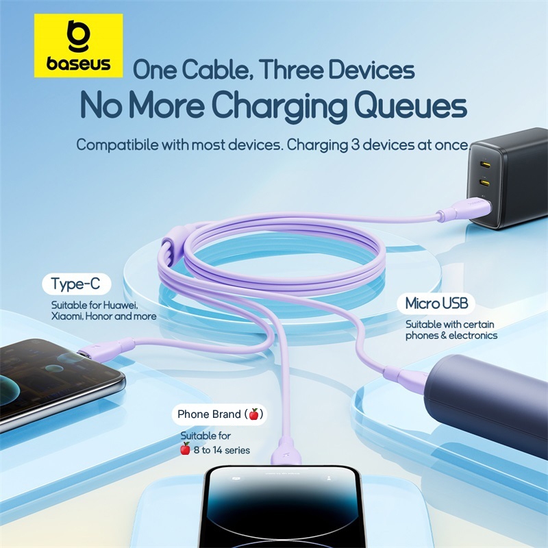 Cáp sạc nhanh và truyền dữ liệu Baseus 3.5A - 3 trong 1 USB-A sang Micro + Ligh + Type-C, chống đứt gãy, sạc an toàn | BigBuy360 - bigbuy360.vn