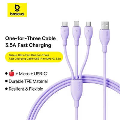 Cáp sạc nhanh và truyền dữ liệu Baseus 3.5A - 3 trong 1 USB-A sang Micro + Ligh + Type-C, chống đứt gãy, sạc an toàn