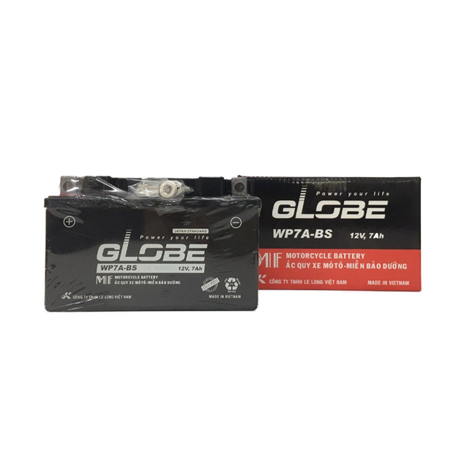 Bình ắc quy khô GLOBE WP7A-BS 12V-7AH ắc quy lùn thấp dành cho xe máy Atila, Spacy ,Vespa, Zip, Môtô