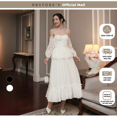 Đầm Dự Tiệc Dài Hai Dây Trễ Vai Tay Bồng Tùng Xòe Chất Voan Ánh Kim BBSTORE'S - D4267B