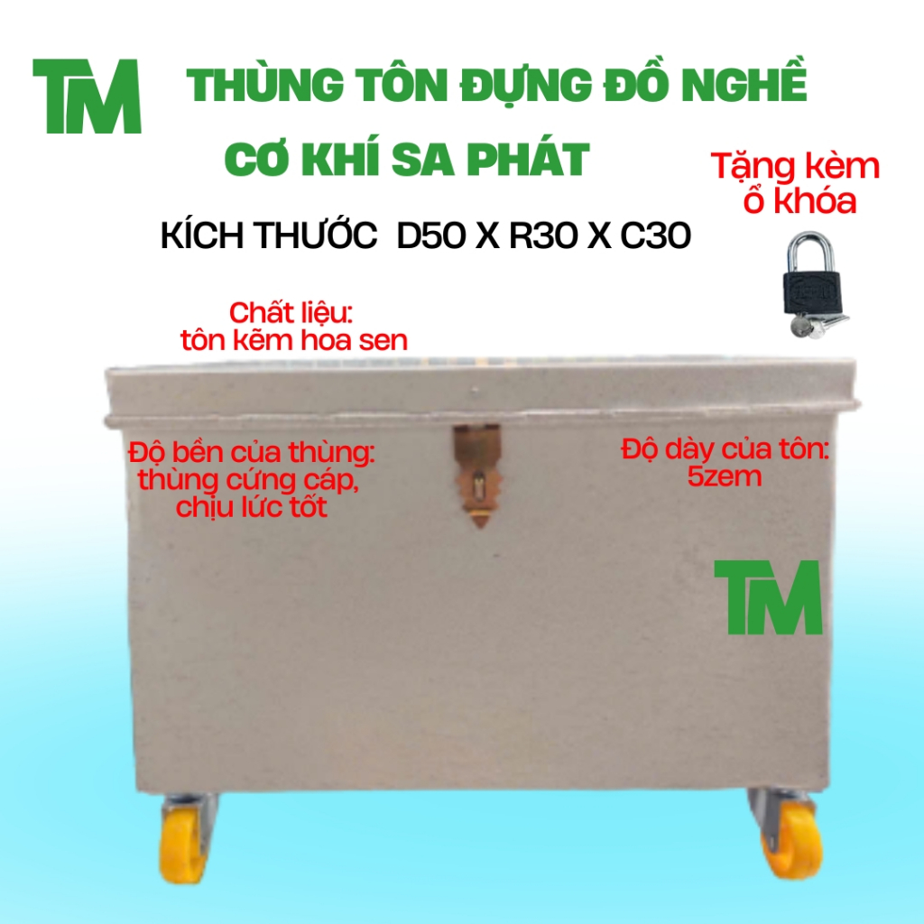 [Tặng kèm ổ khóa] Thùng tôn bánh xe 50x30x30 đựng đồ nghề , thùng đựng đồ cá nhân KT 50 x30 x 30 cm 