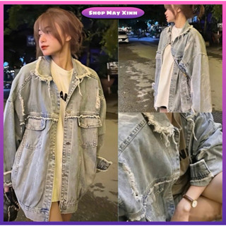 Áo Khoác Bò, Áo Khoác Jean Nữ From Rộng Phối Rách Tua Viền