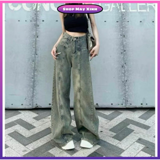 Quần Jean Ống Rộng, Quần Bò Xám Bụi Cạp Cao Hách Dáng Hót Trend