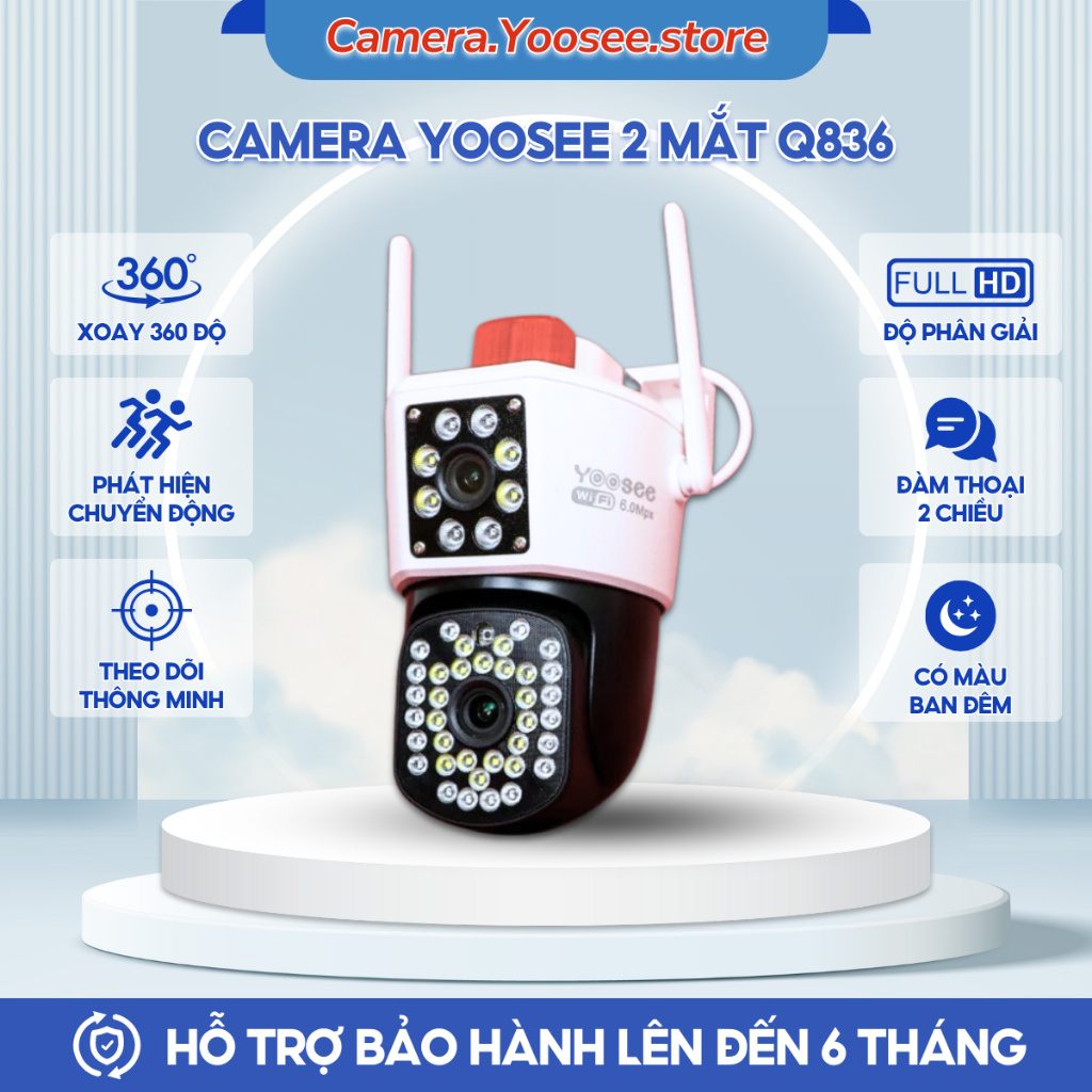 Camera YOOSEE 2 Mắt Q836, Camera Xoay 360 Ngoài Trời, Hình Ảnh Chuẩn 4K Siêu Nét, Ban Đêm Có Màu