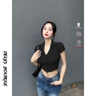 Áo croptop nữ Delys AC253 chất liệu thun xốp phối cổ đức ôm body hack dáng