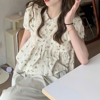 Áo sơ mi babydoll hoa nhí cổ búp bê màu kem, áo nữ tay bồng thời trang mùa hè đi chơi, đi học - SM05