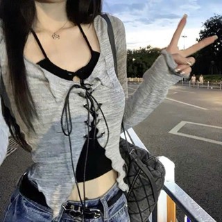 Set áo cardigan dài tay viền bèo đan dây buộc nơ và áo ống body buộc đây cổ retro cá tính