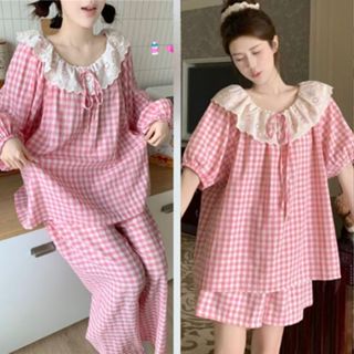 (SẴN) Set bộ mặc nhà nữ caro hồng quần ống rộng quảng châu