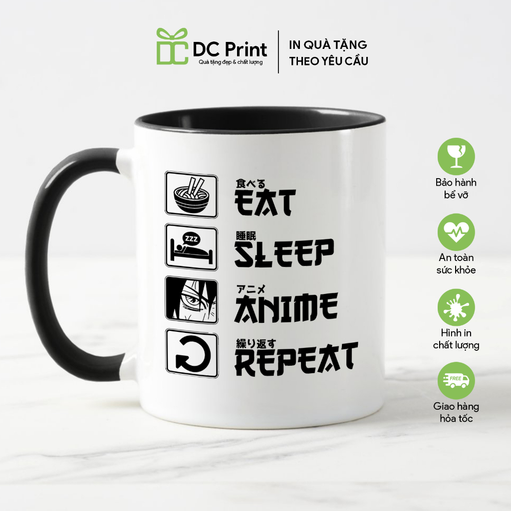 Ly Sứ Cốc Sứ Anime, Eat Sleep Anime Repeat, Cốc Nước, Cà Phê, Quà Tặng Sinh Nhật