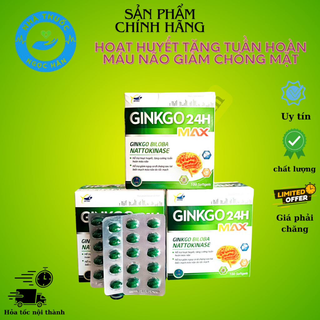 Ginko 24h Max Hỗ Trợ Tăng Tuần Hoàn Máu Não Hộp 100 Viên