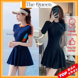 Đồ bơi nữ liền thân váy đi biển bikini một mảnh áo tay ngắn khóa kéo trước kín đáo phối màu The Queen 052